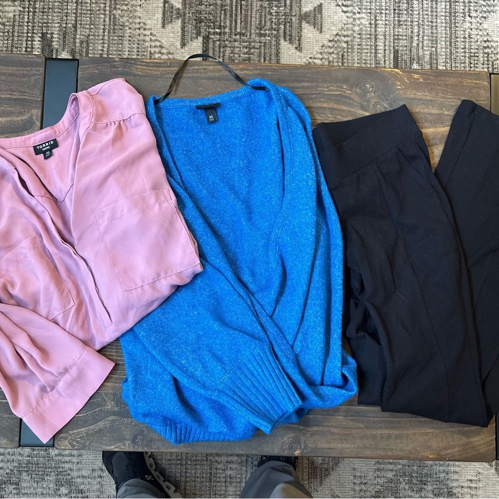 Bundle Torrid Business Casual Pink Blouse, Blue V-Neck Sweater, Black Pants- 00